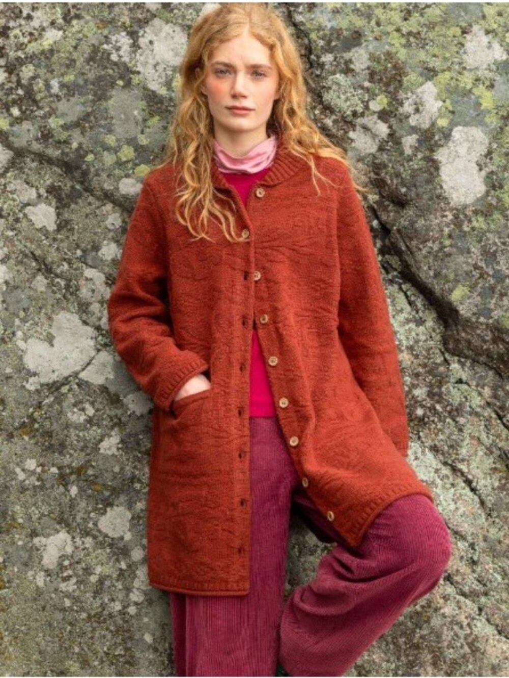 Gudrun Sjödén Long Cardigan Sweater Women's Large Red 100% Wool Knit Button Up
